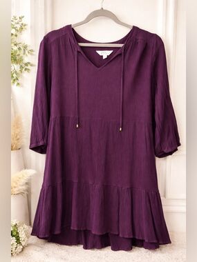 Market & Spruce Purple V-Neck Tiered Shift Dress 3/4 Sleeve Pockets XL